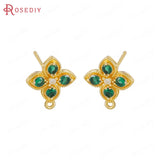 4PCS 11x13MM 24K Brass Zircon Flower Stud Earrings Pins Jewelry Making