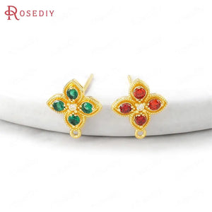 4PCS 11x13MM 24K Brass Zircon Flower Stud Earrings Pins Jewelry Making