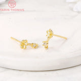 4PCS 24K Brass Zircon Flower Stud Earrings