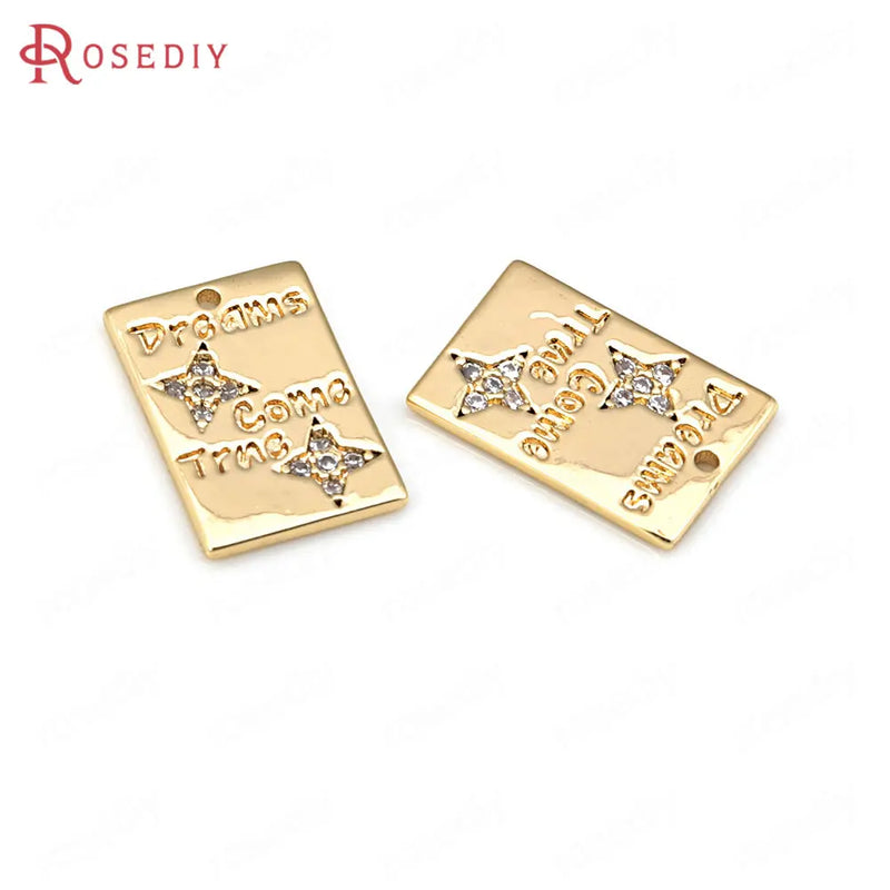 4PCS 13x9MM 24K Brass Zircon Star Rectangle Charms Pendants