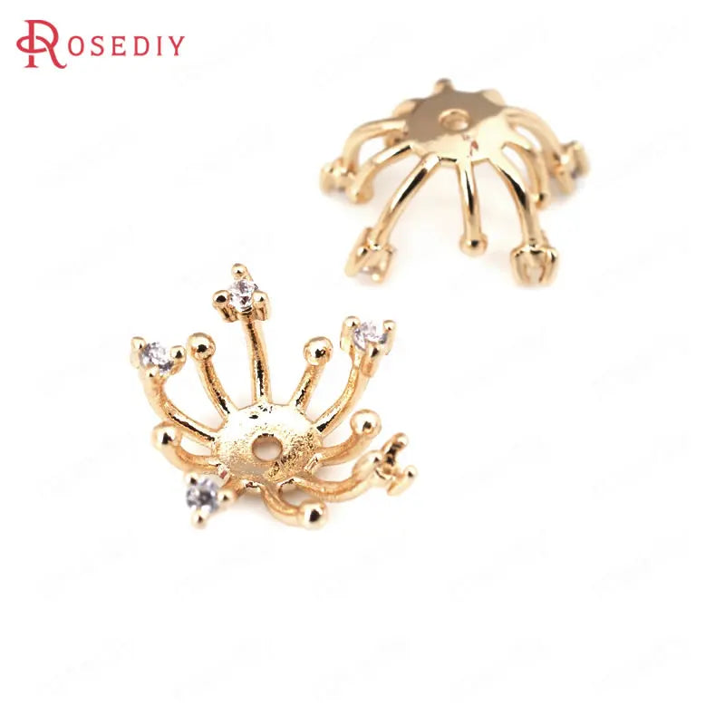 4PCS 14x8MM 24K Plated Brass Zircon Bead Caps DIY Jewelry Findings