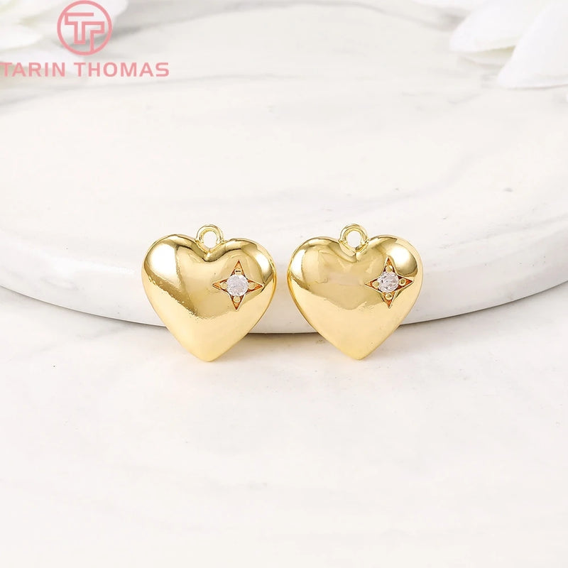4PCS 15x15MM 24K Brass Zircon Heart Charm Pendants for Jewelry Making