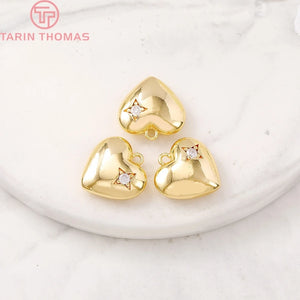 4PCS 15x15MM 24K Brass Zircon Heart Charm Pendants for Jewelry Making