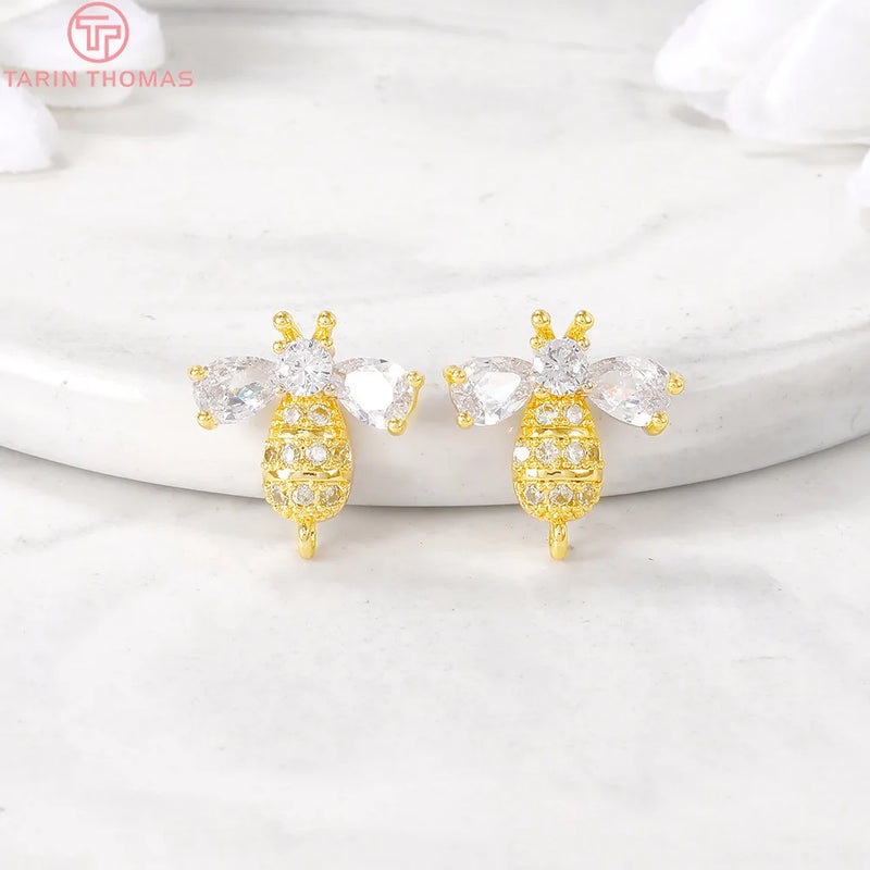 4PCS 15x15MM Bee Charm Pendants 24K Brass Zircon DIY Jewelry Findings