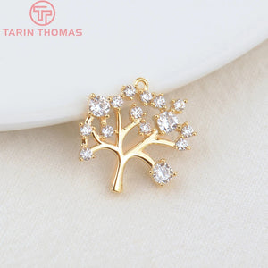 4PCS 15x16MM 24K Plated Brass Zircon Tree Charms Pendants
