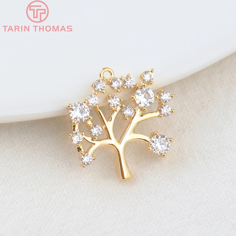 4PCS 15x16MM 24K Plated Brass Zircon Tree Charms Pendants