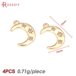 4PCS 18K Brass Zircon Star Moon Charms Pendants for DIY Jewelry Making