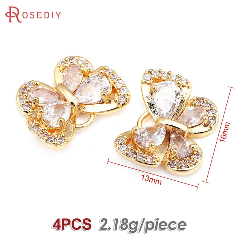 4PCS 18K Brass Zircon Butterfly Charms Pendants Jewelry Making