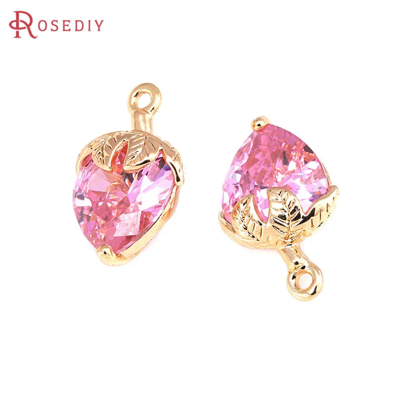 4PCS 18K Brass Zircon Strawberry Charms Pendants DIY Jewelry Making