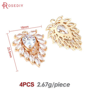 4PCS 18K Brass & Zircon Water Drop Charms Pendants Jewelry Making Supplies