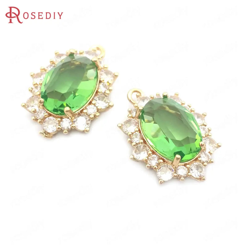 4PCS 18x24MM Champagne Brass Zircon Glass Oval Charms Pendants Jewelry DIY