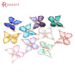 4PCS High Champagne Brass Glass Butterfly Charms Pendants Jewelry DIY