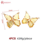 4PCS High Champagne Brass Glass Butterfly Charms Pendants Jewelry DIY