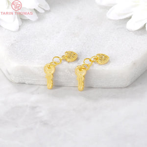 4PCS 4x24MM 24K Plated Brass Zircon Heart Key Charms Pendants