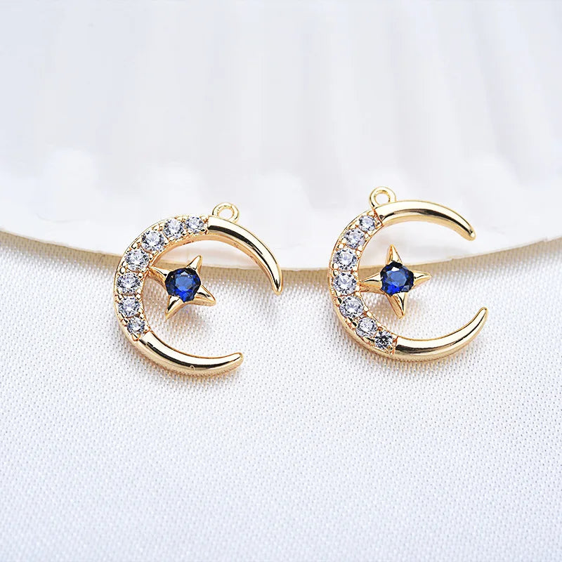 4PCS 24K Plated Brass Zircon Moon Star Charms Pendants