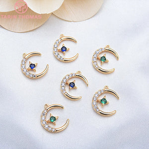 4PCS 24K Plated Brass Zircon Moon Star Charms Pendants