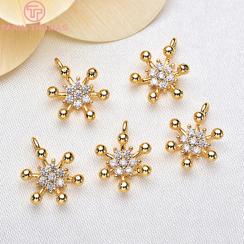 4PCS 8.5x12MM 24K Plated Brass Zircon Snowflake Flower Charms Pendants
