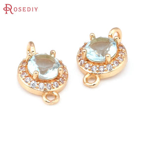 4PCS 9.5MM High Champagne Brass Zircon Glass 2 Holes Round Connect Charms