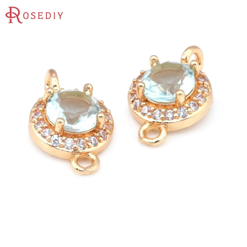 4PCS 9.5MM High Champagne Brass Zircon Glass 2 Holes Round Connect Charms