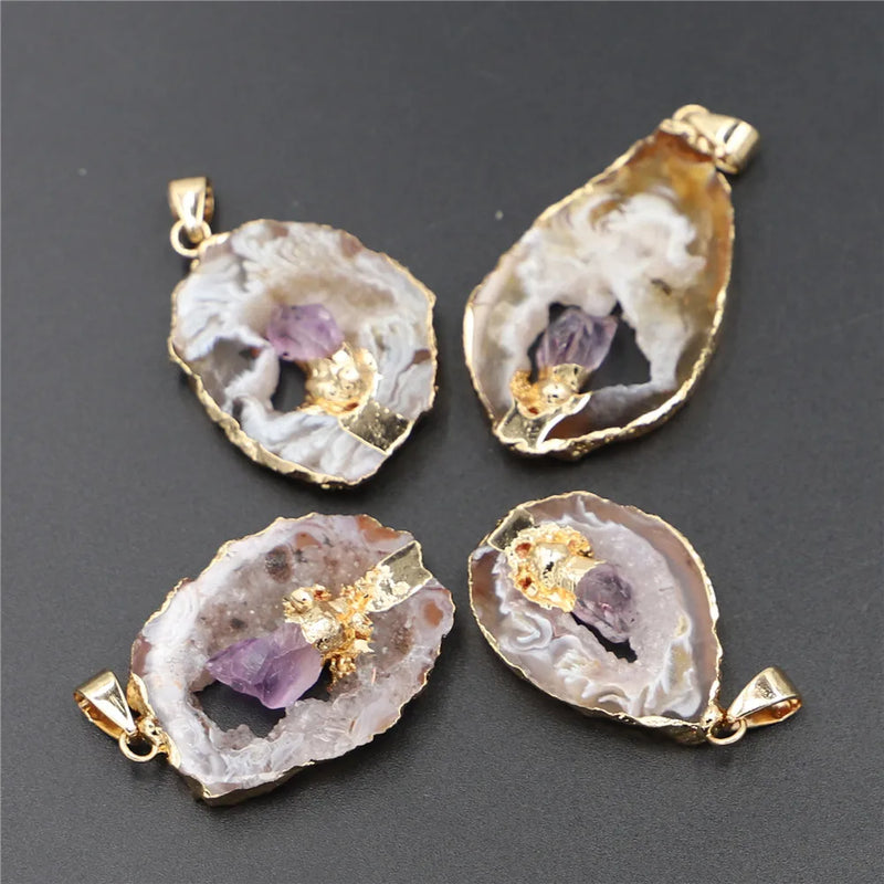 4PCS Geode Stone Agate Healing Slice Pendants Natural Amethysts Quartzs Jewelry