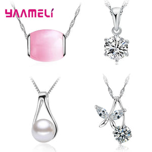 925 Sterling Silver Pendant Necklace Crystal Cubic Zircon Pearl Cat Eye Bead