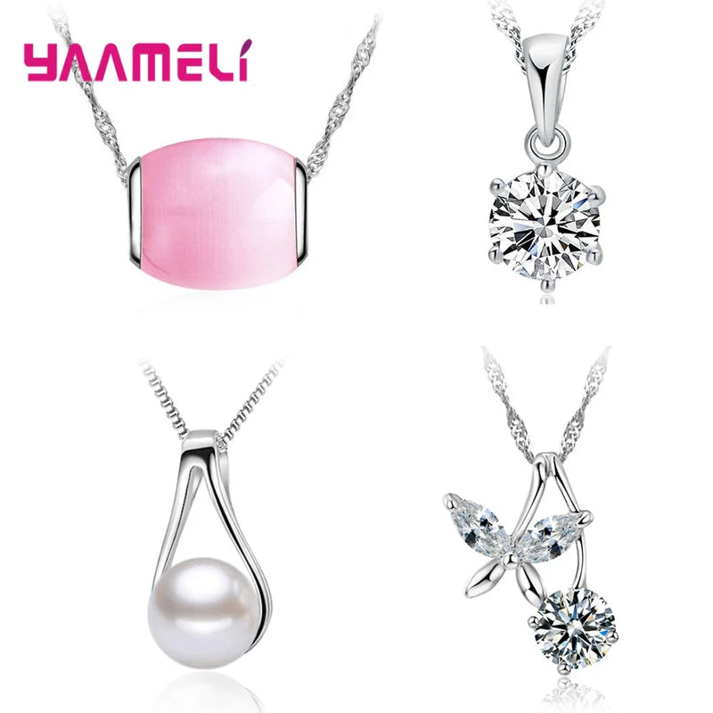 925 Sterling Silver Pendant Necklace Crystal Cubic Zircon Pearl Cat Eye Bead