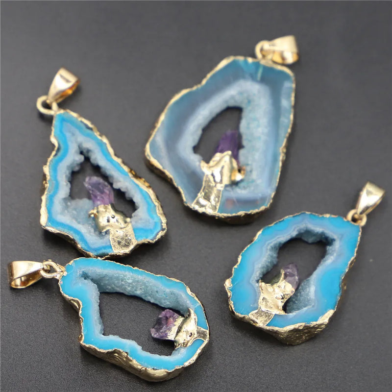 4PCS Geode Agates Slice Druzy Crystal Pendant Amethysts Point Stone Jewelry
