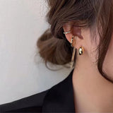 4PCS Silver Geometric Tassel Chain Clip Earrings for Women