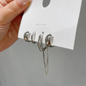 4PCS Silver Geometric Tassel Chain Clip Earrings for Women