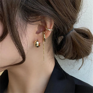 4PCS Silver Metal Geometric Tassel Clip Earrings Women Non Pierced Ear Cuff