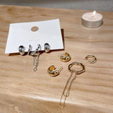 4PCS Silver Geometric Tassel Chain Clip Earrings for Women