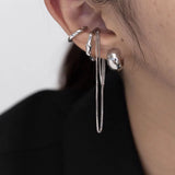 4PCS Silver Geometric Tassel Chain Clip Earrings for Women