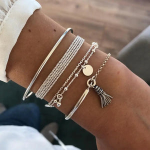 4PCS Boho Geometric Tassel Chain Bracelet Women MultiLayer Bangles Charm