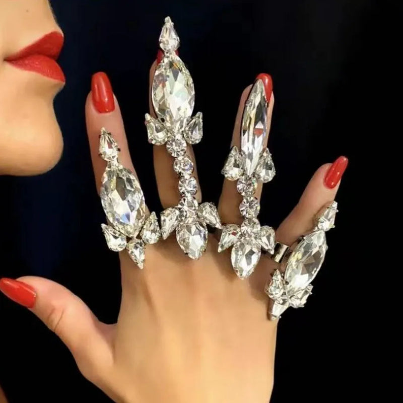 4PCS Rhinestone Acrylic Open Finger Rings Crystal Cuff Jewelry