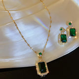 Quadrate Rhinestone Necklace Earrings Ring Jewelry Set