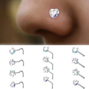 4PCS Surgical Steel Nose Ring Stud Set Heart Star Square L Shape Piercing