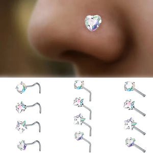 4PCS Heart Nose Ring Stud Pack Real Star L-Shaped Piercing Set