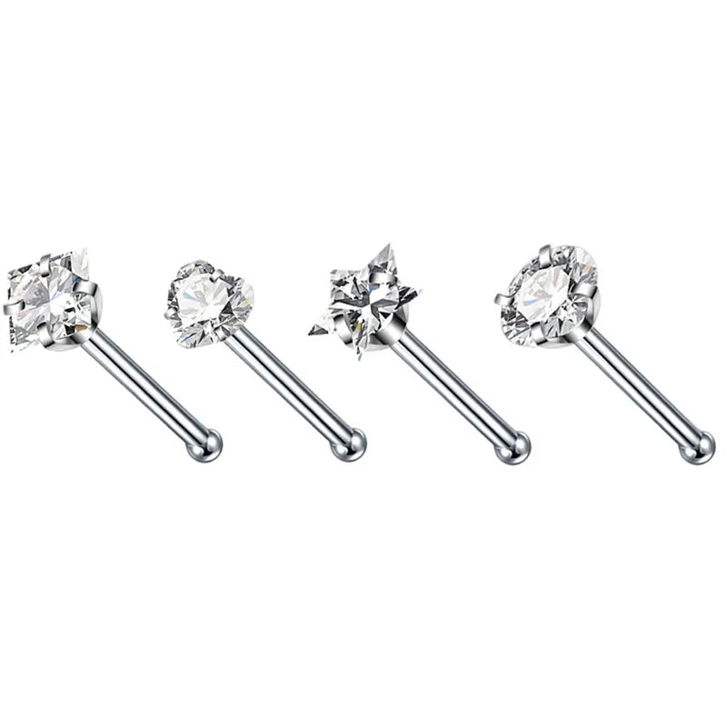 4PCS Heart Nose Ring Stud Pack Real Star L-Shaped Piercing Set