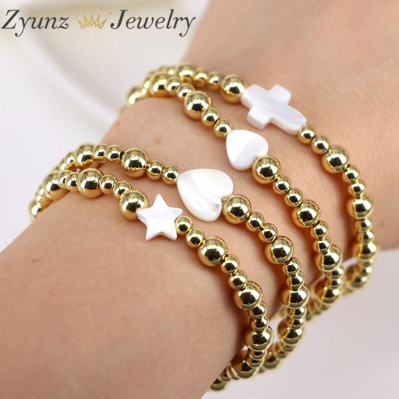 4PCS Shell Heart Star Cross Charm Bracelet Beaded Bracelets for Women