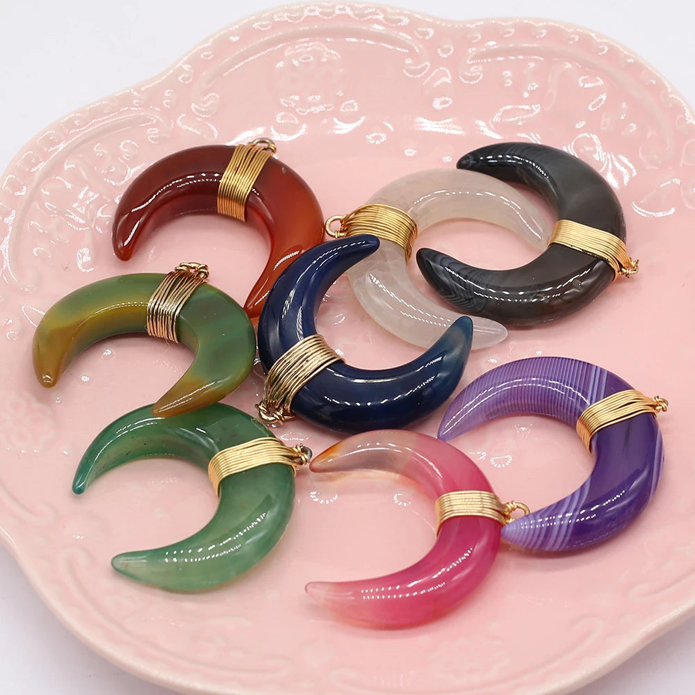 4PCS Agate Multicolor Moon Shape Pendant for Jewelry Making Necklace Healing