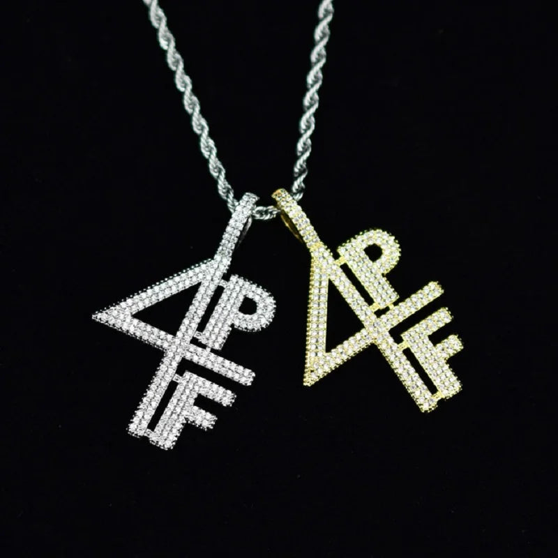 4PF Pendant CZ Bling Iced Out Chain Necklace Hip Hop Jewelry