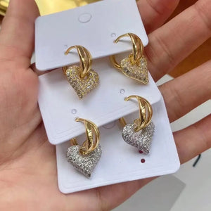 CZ Crystal Heart Earrings, Silver Plated Hoop Piercing Jewelry