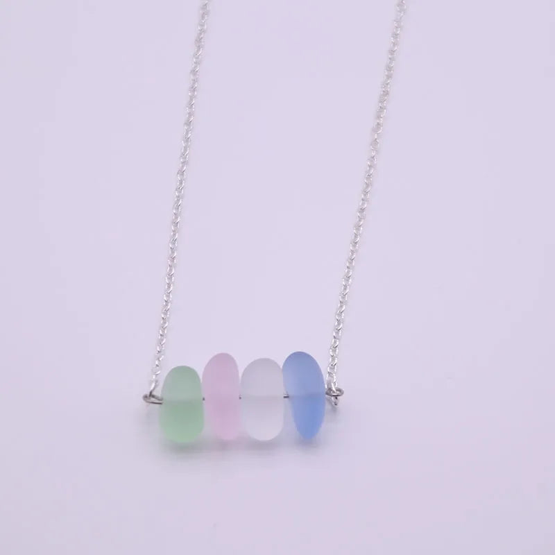 4Pcs Sea Glass Necklace Silver Pendant Women Christmas Gift Beach Jewelry