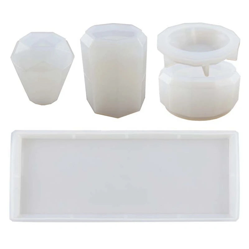4Pcs Resin Silicone Mould - Bath Storage Box, Toothbrush Holder, Pen Holder Vase