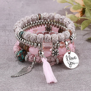 Boho Pink Tassel Bracelet Set I Love You Feather Beads Bang