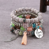 Boho Pink Tassel Bracelet Set I Love You Feather Beads Bang