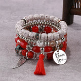 Boho Pink Tassel Bracelet Set I Love You Feather Beads Bang