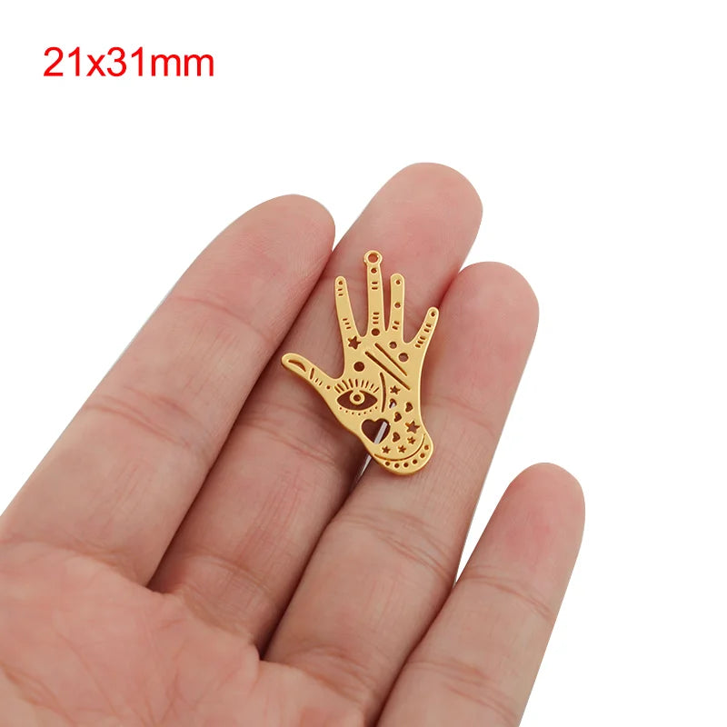 4Pcs Brass 18K Plated Tarot Style Charms Moon Eye Hamsa Hand Lucky Charm Pendant