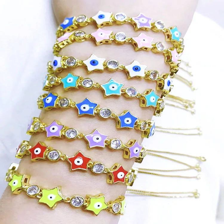 4Pcs Rainbow Enamel Star Evil Eye CZ Tennis Chain Bracelets