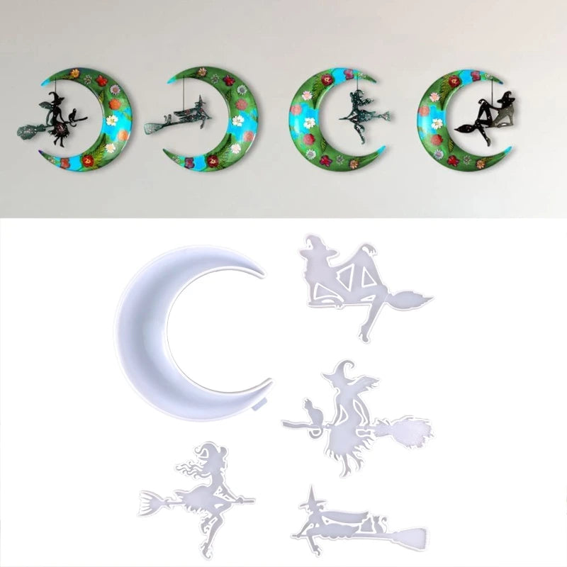 4Pcs Halloween Witch Broom Moon Wall Decor Mold Resin Casting Pendant